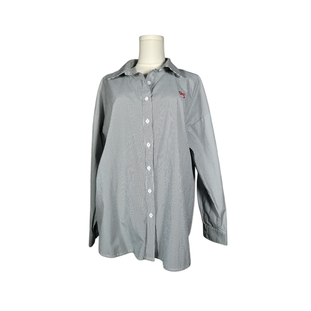Baevely Pinstripe Button Front Shirt Red Bow Embroidery Long Sleeve Size‎ M